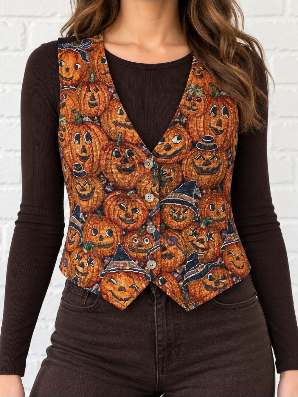 Vintage 90s Mirrors Halloween Pumpkin Tapestry Vest S Jack O Lantern